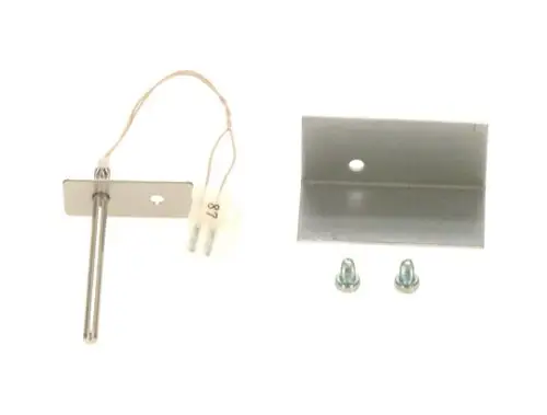 Bosch Temperaturfühler mit einem metallischen Sensor und Anschlusskabel, inklusive Montagewinkel und zwei Schrauben für die Installation.